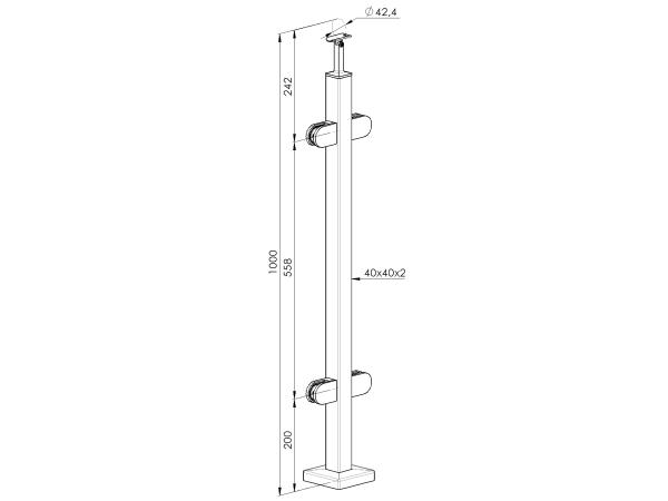 Edelstahl Geländerpfosten 40x40 Bauhöhe 1000mm Vierkantrohr mit Glashalter Vierkant Eckpfosten